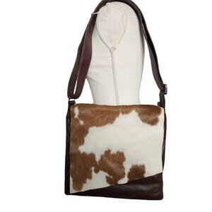 lli New York Brown Leather Calf Hair Flap Vertical Crossbody Bag